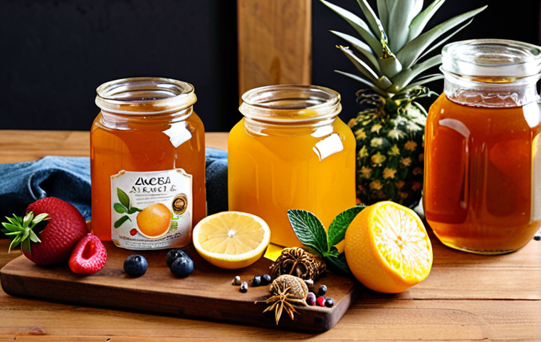 **Image Prompt for Ingredient Selection**:
"A vibrant display of fresh organic fruits, herbs, and spices on a wooden kitchen table. Include berries, citrus fruits, and jars of honey and agave syrup, showcasing the quality of ingredients for low-alcohol spirit making."